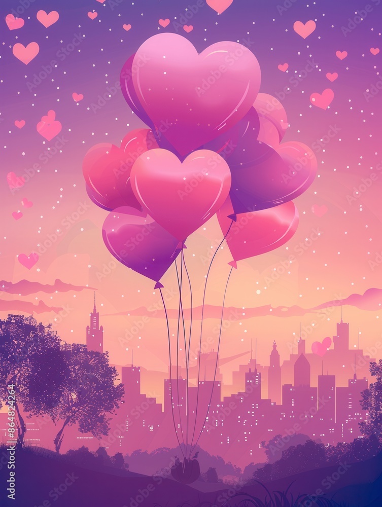 Poster a romantic image with heart-shaped balloons floating over a cityscape at sunset. generative ai