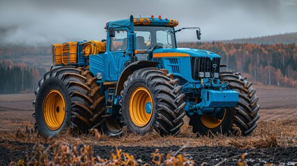 Obraz premium Modern blue tractor in a field during autumn