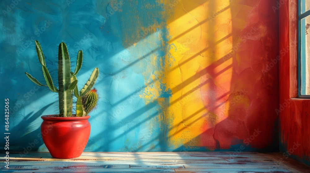 Poster a red pot holding a cactus plant sits in front of a colorful wall, illuminated by sunlight streaming