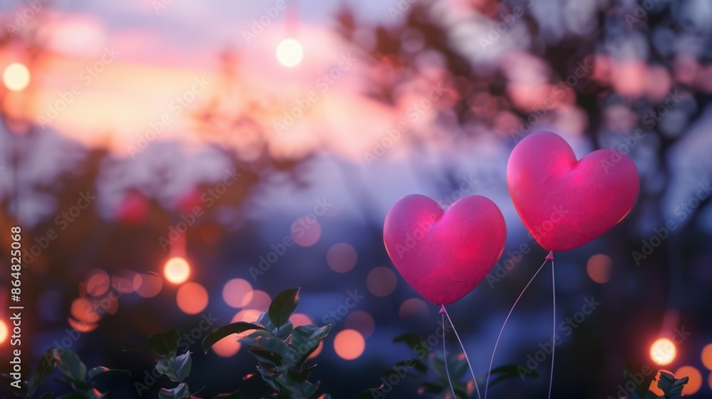 Aufkleber two heart-shaped balloons float against a backdrop of a romantic evening sunset in a park. generativ