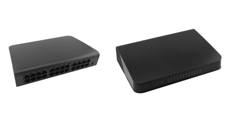 Networking ethernet 24 port switch isolated on white background. Ethernet hub, active hub, network...