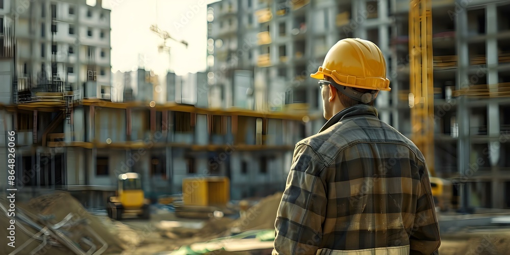 Poster construction worker wearing a helmet inspecting work at a site with no one in sight. concept constru