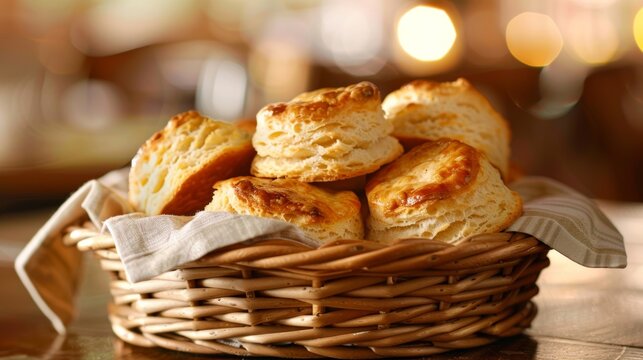 Freshly baked biscuits still warm from the oven are served in a woven basket.