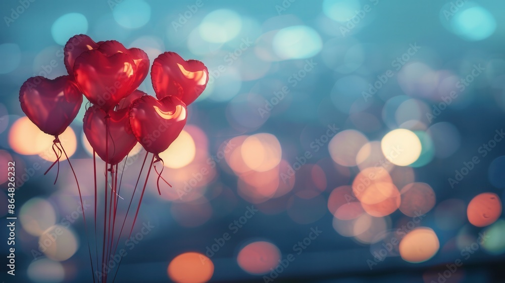 Poster a beautiful image with heart-shaped balloons against a backdrop of twinkling city lights. perfect fo