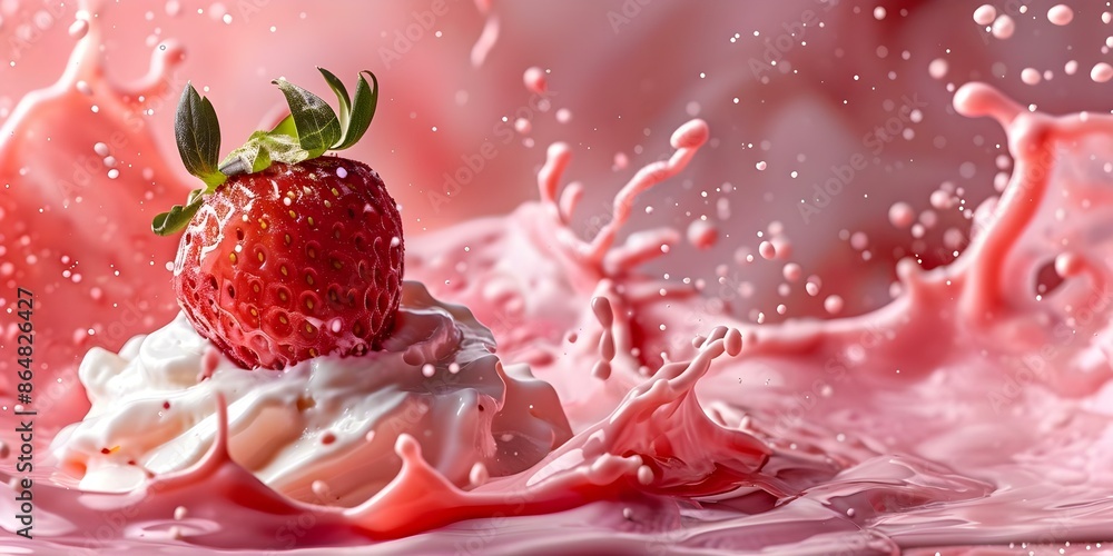 Poster strawberry yogurt splash on white background with juice splashing - refreshing and colorful image. c