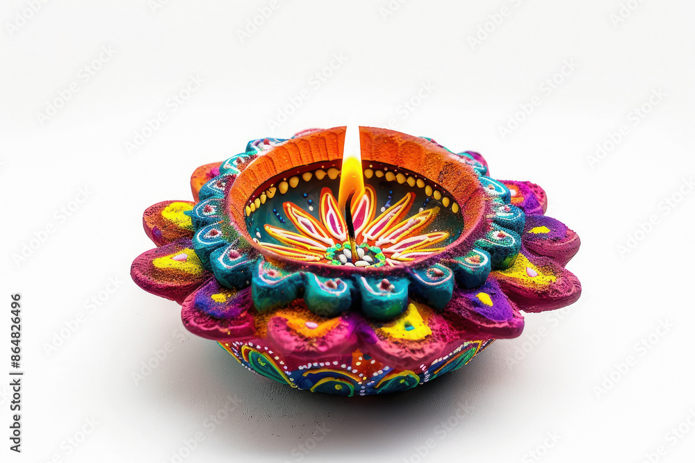 Sticker diwali oil lamp on white background