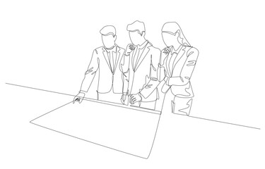 Continuous one line drawing of business people planning project at table, project discussion in office concept, single line art.
