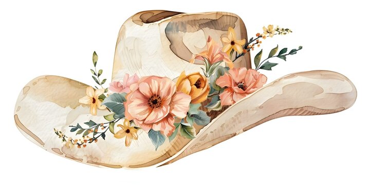 Western-themed watercolor cowgirl hat clipart with floral design. Concept Watercolor, Cowgirl, Hat, Clipart, Floral, Western-themed