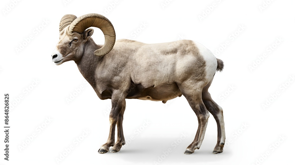 Poster 2. create an isolated, white-background image of a bighorn sheep featuring its entire body, includin