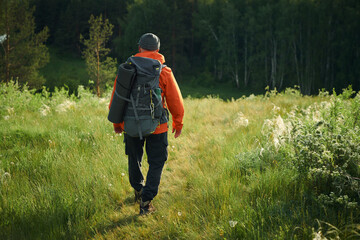 Back view wide shot of unrecognizable tourist wearing backpack hiking along meadow on summer day, copy space