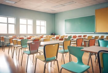 Fototapeta premium chairs in the class room, open windows and illuminated class room
