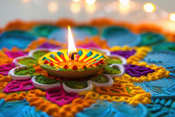 Traditional oil lamp with colorful rangoli design on diwali festival