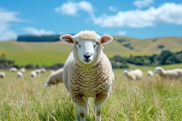 Fototapeta premium Sheep in a Green Field with Blue Sky