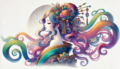 Naklejka premium 着物 イラスト 日本画（Japanese painting）／美人画 美女 anime