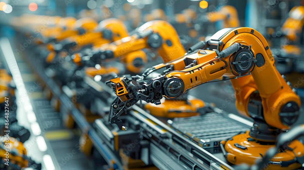 Poster industrial machine automatic robotic arm, smart modern factory automation using advanced machines