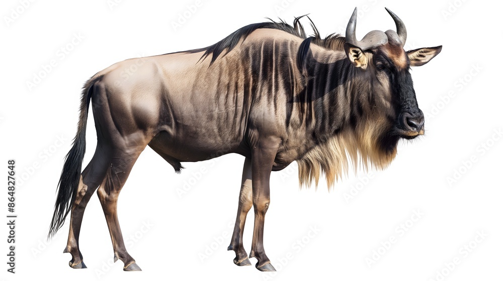 Poster 2. create an isolated, white-background image of a wildebeest featuring its entire body, including i