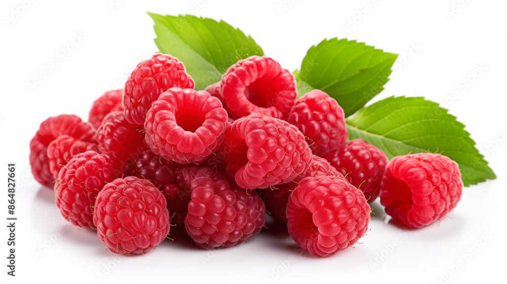 Wall mural Ripe raspberries with leaf isolated on a white background