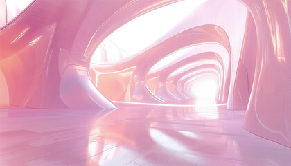 Obraz premium A mesmerizing, contemporary design space filled with soft pink tones and curving, fluid structures, where light reflects off the glossy surfaces to create a serene and enchanting atmosphere that feels