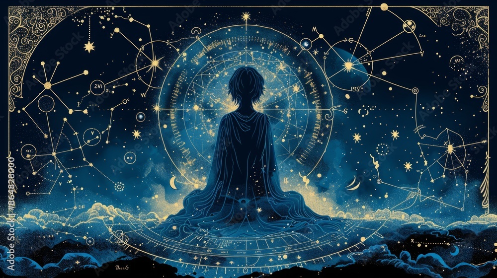 Poster a single figure sits amidst a celestial landscape, surrounded by constellations and a swirling galax