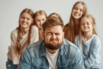 Obraz premium A man in a denim jacket is making a funny face in the foreground, surrounded by a group of young women smiling and laughing, capturing a lighthearted and fun moment.