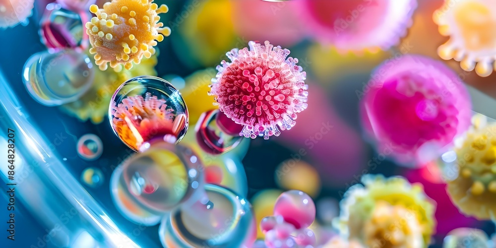 Poster exploring various microorganisms under a microscope in macro microbiology. concept microscopy, micro