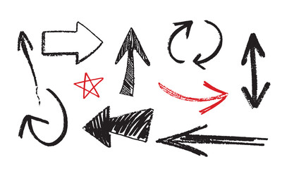 Set of charcoal arrows isolated on white background. Hand drawn chalked pencil doodle symbols. Different black grunge wavy lines, red star freehand modern stock-vector illustration.