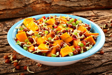 sprouted beans, chickpeas, protein, healthy, diet food, tasty, delicious, bowl, breakfast, meal, dinner, lunch, top view, pumpkin, salads, cold, ceramic, bowl, bar, rustic background, wooden, texture,