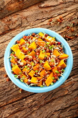 sprouted beans, chickpeas, protein, healthy, diet food, tasty, delicious, bowl, breakfast, meal, dinner, lunch, top view, pumpkin, salads, cold, ceramic, bowl, bar, rustic background, wooden, texture,