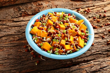 sprouted beans, chickpeas, protein, healthy, diet food, tasty, delicious, bowl, breakfast, meal, dinner, lunch, top view, pumpkin, salads, cold, ceramic, bowl, bar, rustic background, wooden, texture,