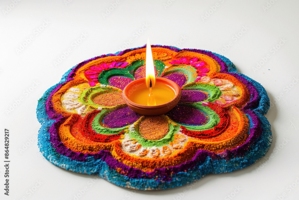 Poster traditional oil lamp with colorful rangoli design on diwali festival