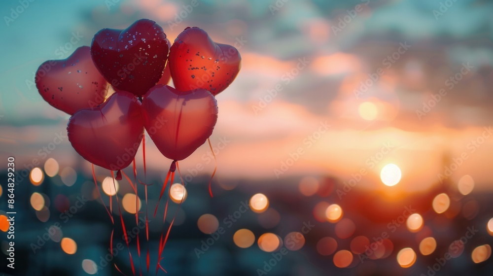 Poster a cluster of heart-shaped balloons float against a backdrop of a beautiful sunset over a city skylin