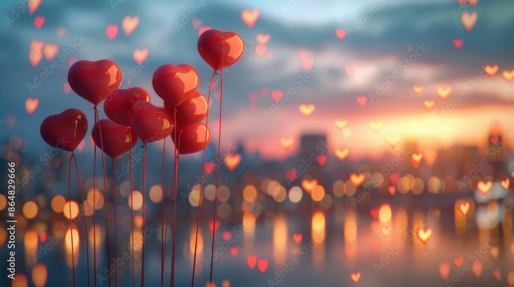 Poster Heart-shaped balloons float against a backdrop of a city skyline illuminated by sunset, creating a romantic and enchanting scene. Generative AI