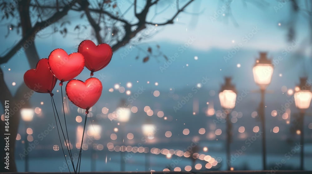 Poster a close-up shot of four red heart-shaped balloons floating against the backdrop of a romantic evenin