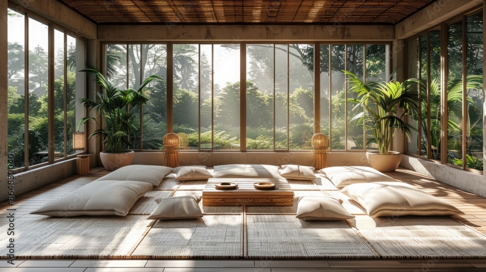 Poster a modern zen room features a large window with a view of lush green foliage. the room is furnished w