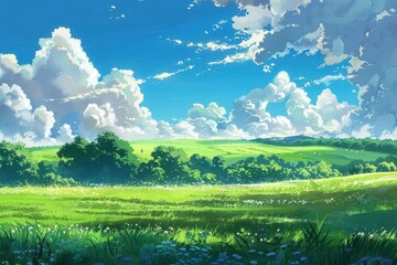 Beautiful landscape with green hills, trees, and blue sky with fluffy white clouds.  Digital art inspired by nature, serene scene with meadow and bright sunshine.