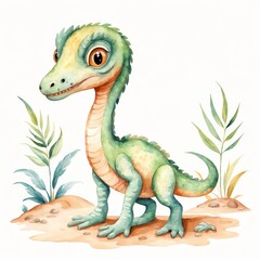 Obraz premium Cute Green Dinosaur Watercolor Illustration.