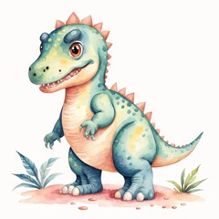 Cute Cartoon Dinosaur Watercolor Illustration.