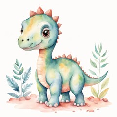 Naklejka premium Cute Cartoon Dinosaur Watercolor Illustration.
