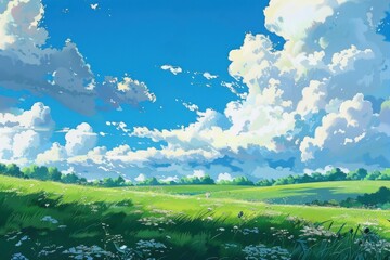 Peaceful landscape of green grass field and blue sky with white fluffy clouds. Concept of summer, nature, and tranquility.
