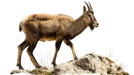 1. Generate a transparent-background image of a chamois in full body, showcasing its nimble stature, distinctive curved horns, and sleek coat, without any text or logos present, against a clean white