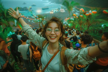 Obraz premium Young woman taking selfie at music festival with open arms