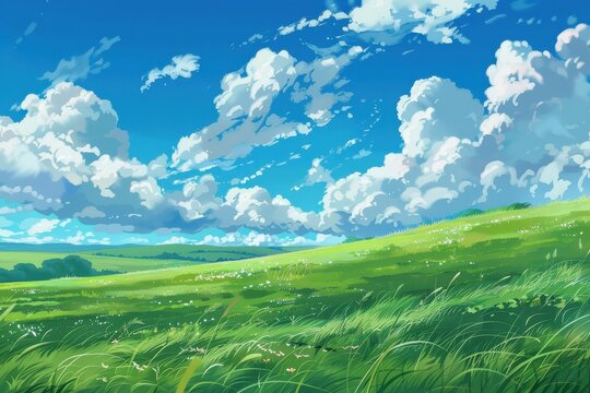 Beautiful green grass field with rolling hills and white fluffy clouds in a blue summer sky.  Nature, idyllic landscape, peaceful and serene nature background.