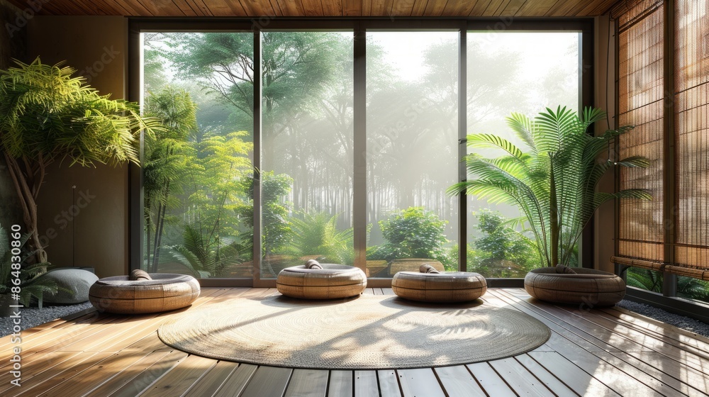 Poster a tranquil indoor space with large windows showcasing a verdant forest, creating a peaceful and conn