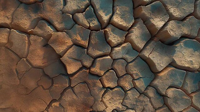 Rotation view of cracked earth mud landscape surface, patterns of dry, fractured soil. climate change and global warming animation video background