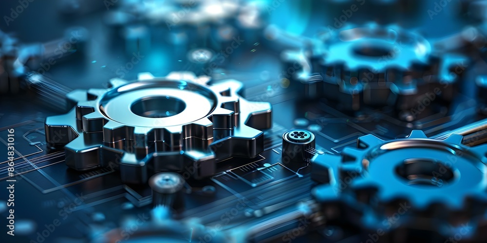 Poster illustration of interconnected cogs symbolizing different components of operational excellence. conc