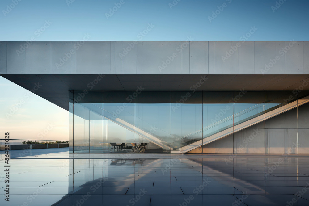 Poster minimalist modern architecture with sharp lines and clean shadows against a clear blue sky