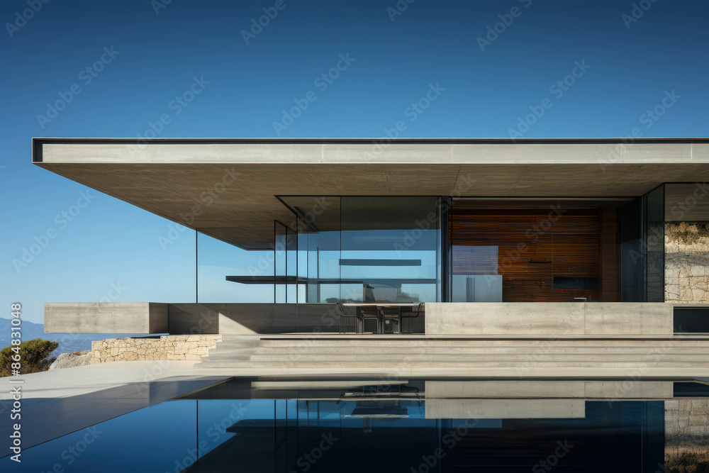 Poster minimalist modern architecture with sharp lines and clean shadows against a clear blue sky