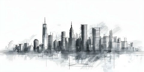 Urban real estate illustration capturing cityscape in a simple sketch style. Concept Real Estate Illustrations, Urban Cityscapes, Sketch Style, Simple Drawings, Architectural Details