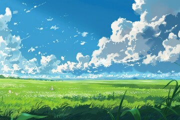 Fototapeta premium Sunny day with white fluffy clouds in blue sky over green field. Peaceful summer landscape. Nature background for desktop or mobile device.