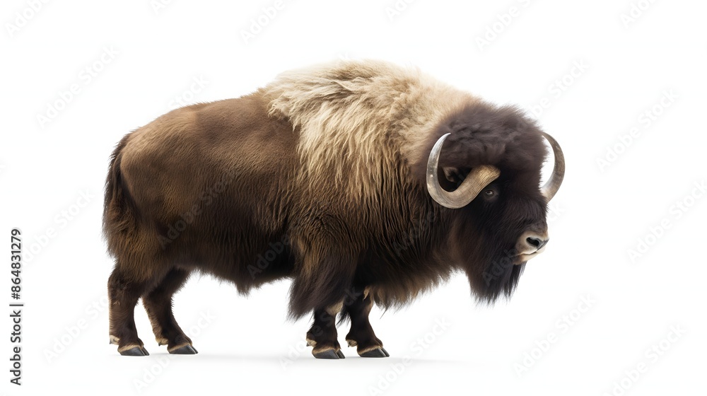 Poster 2. create an isolated, white-background image of a muskox featuring its entire body, including its r